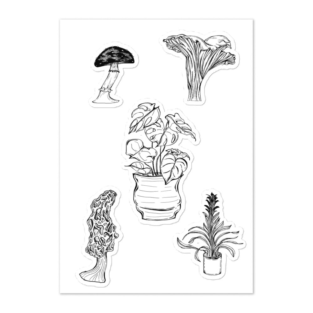 Sticker sheet with five black and white plant stickers. Included: Death Cap mushroom, Chanterelle, Morel, Monstera and Bromeliad