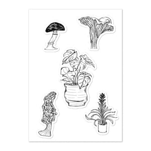 Sticker sheet with five black and white plant stickers. Included: Death Cap mushroom, Chanterelle, Morel, Monstera and Bromeliad