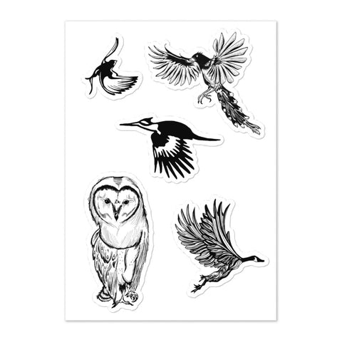 Sticker sheet with five black and white birds. Included: bird in flight, large bird with splayed feathers, Woodpecker, Barn Owl, Canadian Geese