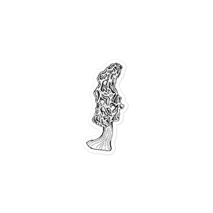 3X3 inch black and white morel mushroom sticker. Design is in a pen and ink illustration style.
