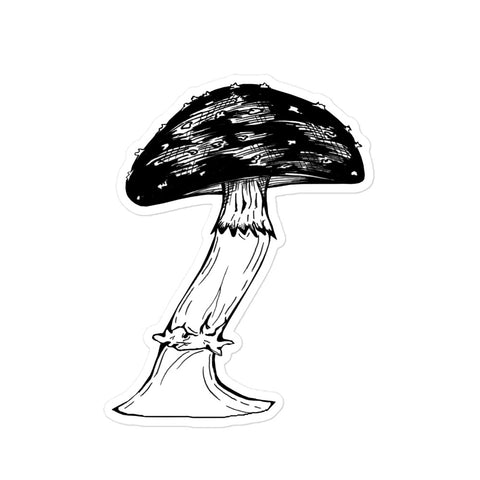 5.5X5.5 inch black and white death cap mushroom sticker. Design is in a pen and ink illustration style.