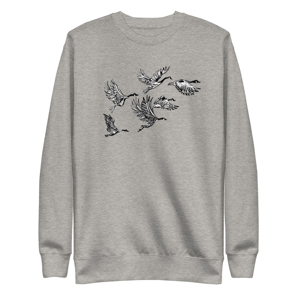 Grey graphic sweatshirt with print of Canadian geese flying.