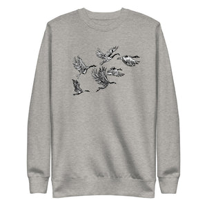 Grey graphic sweatshirt with print of Canadian geese flying.
