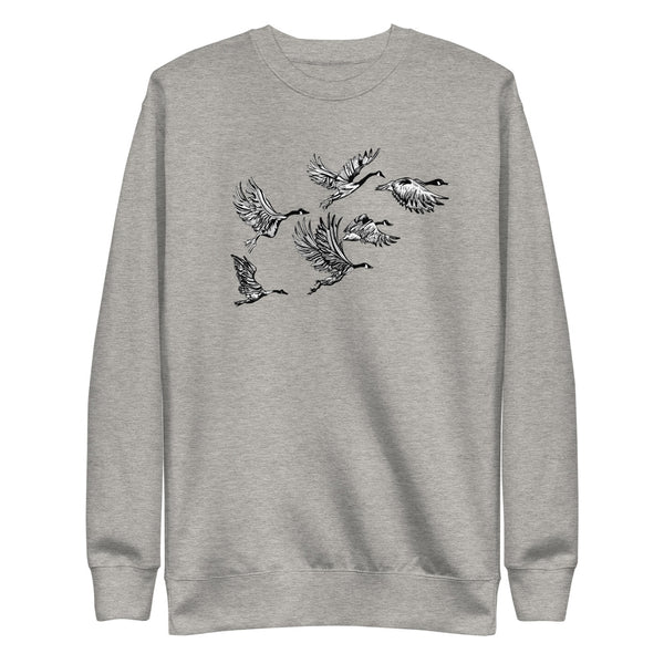 Grey graphic sweatshirt with print of Canadian geese flying.