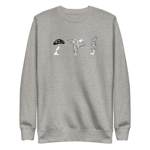 Grey graphic sweatshirt with print of three mushrooms. Print includes death cap, chanterelle and morel.