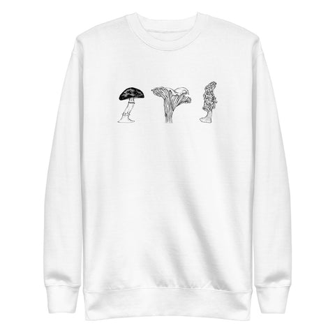 White graphic sweatshirt with print of three mushrooms. Print includes death cap, chanterelle and morel.