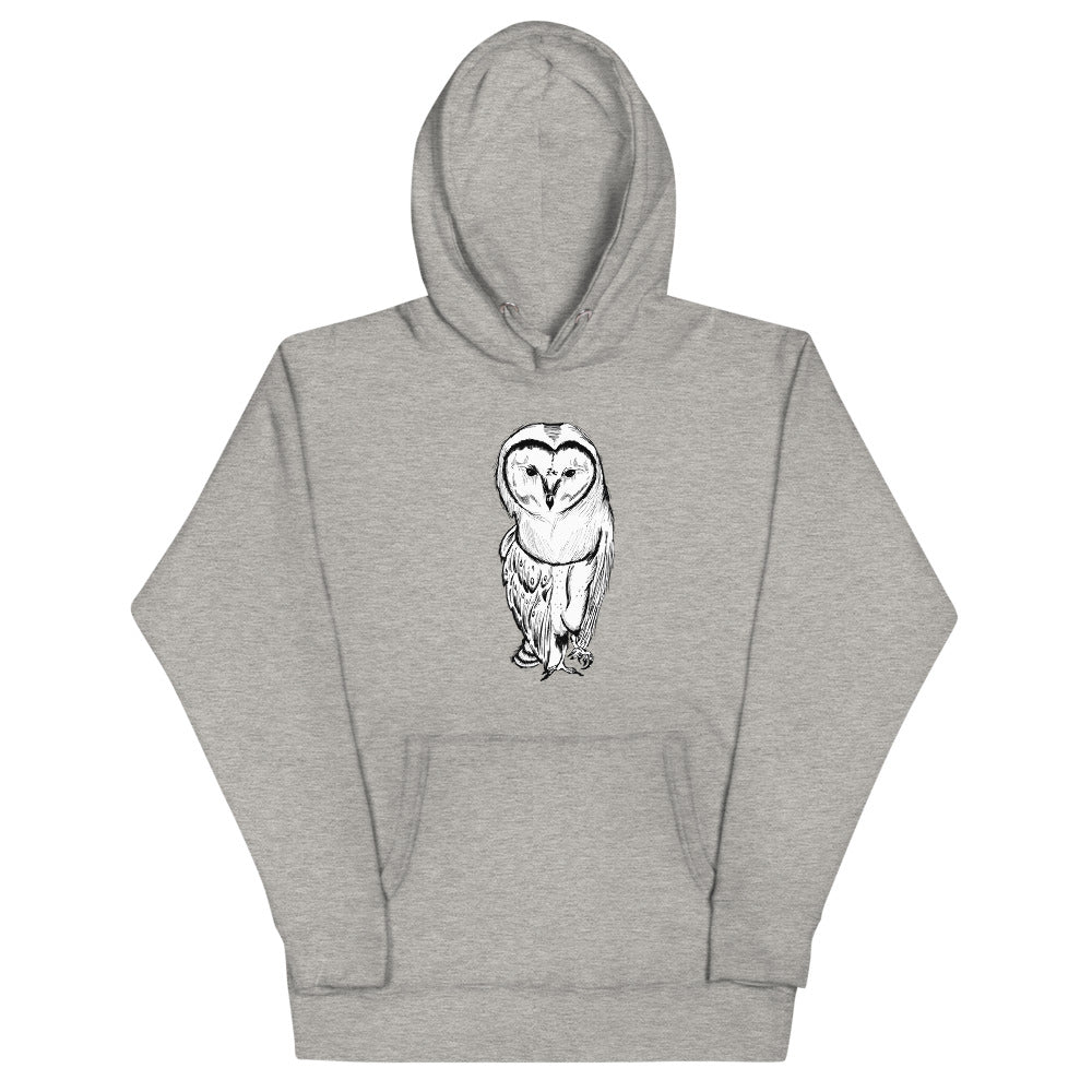 Grey graphic hoodie with a barn owl standing with one foot in the air.