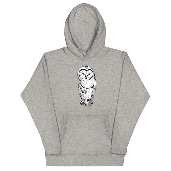 Grey graphic hoodie with a barn owl standing with one foot in the air.