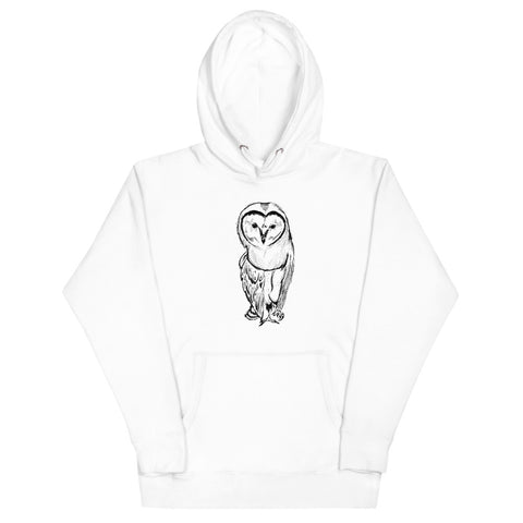 White graphic hoodie with a barn owl standing with one foot in the air.