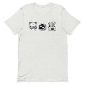Graphic grey t-shirt with black and white design of three retro TVs