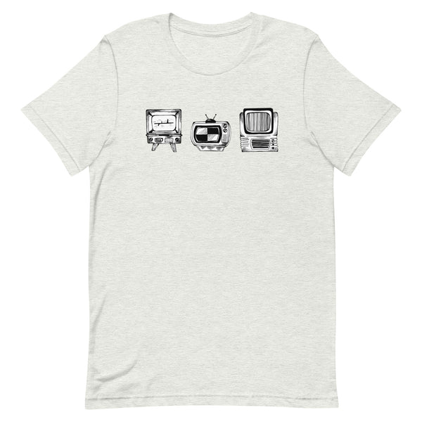 Graphic grey t-shirt with black and white design of three retro TVs